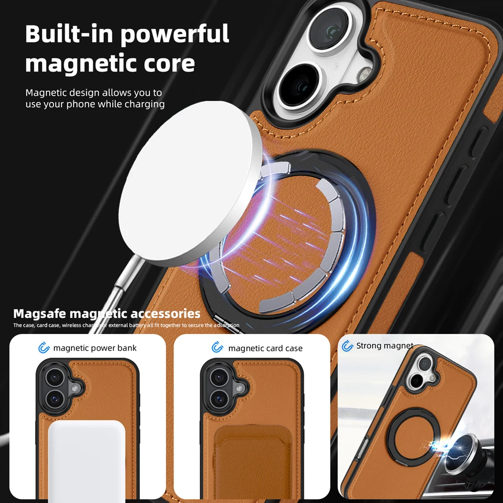 KEYSION Luxuxy PU Leather Case for iPhone 16 Plus 15 Plus Rotating Magnetic Ring Stand Shockproof Phone Cover for MagSafe Case