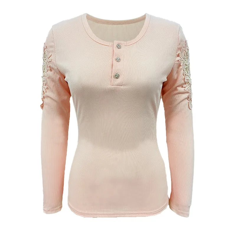 Frühling und Herbst Damen Top Rundhals Knopf Slim Fit Langarm Hollow Out T-Shirt – Detail 8