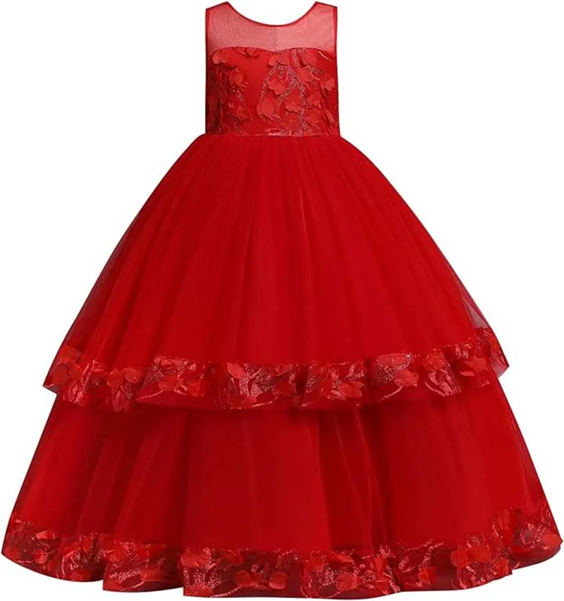 Vestidos Pink Flower Girl com apliques, tule inchado, sem mangas, princesa, festa noturna, primeira comunhão, vestido de baile infantil para casamento