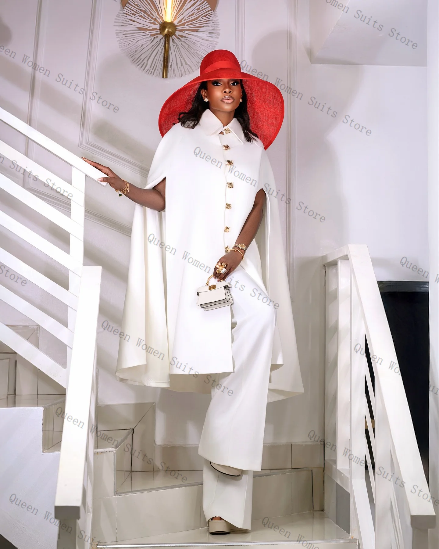 

White Wrap Women Suit Pants Set 2 Piece Cape Blazer+Trousers Formal Office Lady Jacket Autumn Wedding Guest Coat Customized