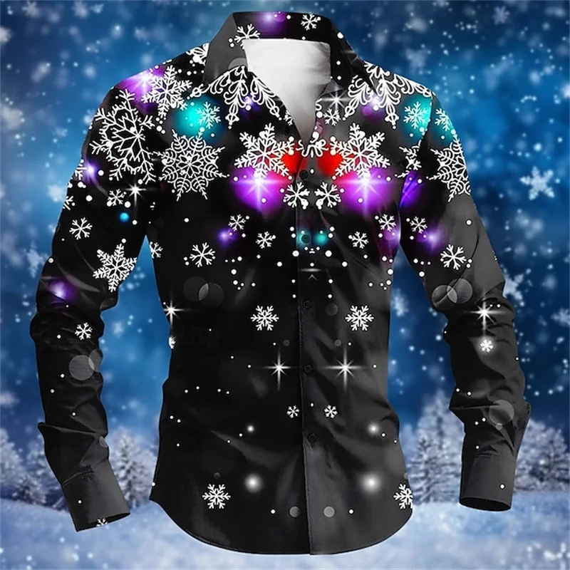 

3D Printed Snowman Snowflake Hawaiian Shirts Men Christmas Decorations Pattern Aloha Shirts Loose Long Sleeve Lapel Tops Blouse