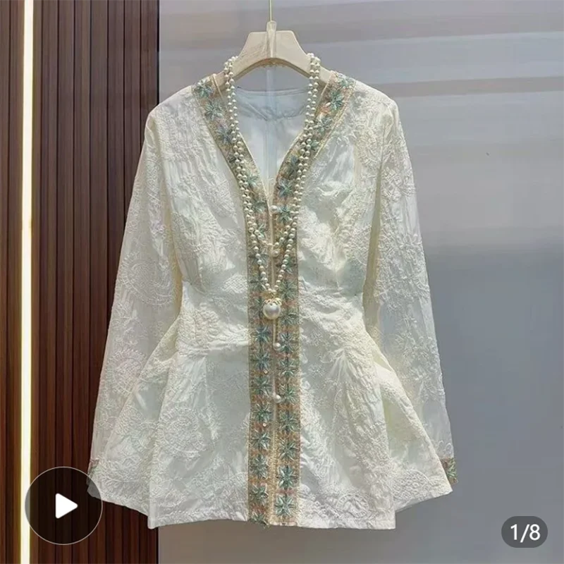 Elegant V-Neck plus Size Women's Shirt Autumn Fashion National Style Slimming Long Sleeve Embroidered Floral Top
