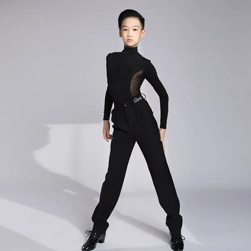 New Kids Boy Latin Dance Costumes Long Sleeve Stage Performance Clothes Long Black Pants Suit Cha Cha Samba Rumba Wear Shirt