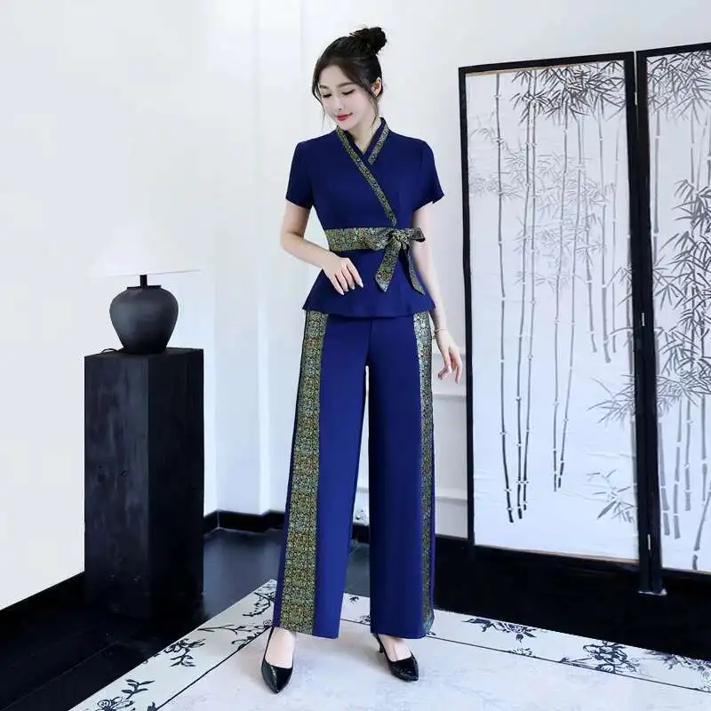 2025 Esthetic Uniform Thai Beauty Salon Suit Women's Spa Beautician Clothing Hotel Massage Women Workwear Navy Blue