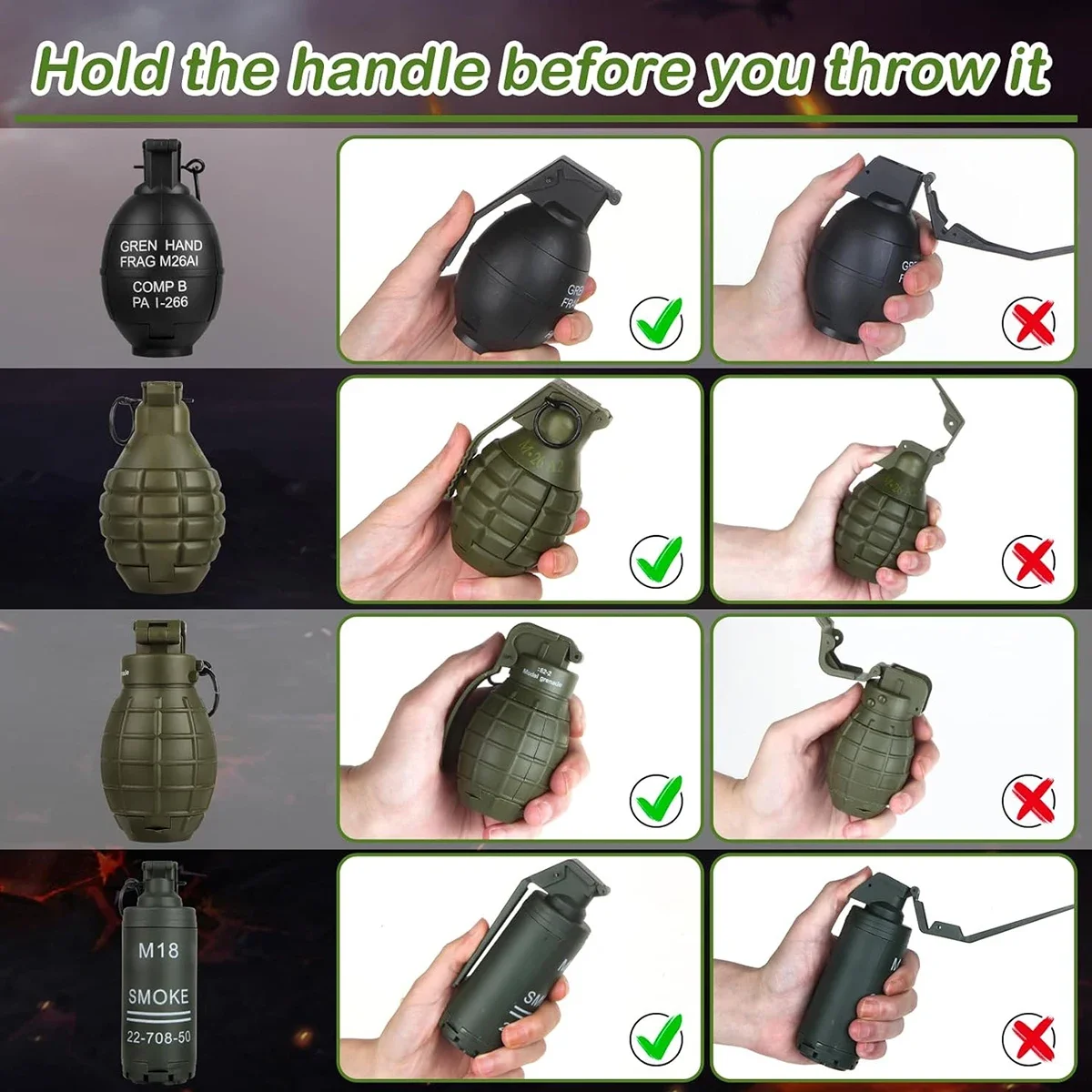 

Игрушечная граната для пейнтбола, 1/3 штуки в упаковке - нейлоновая модель игрушечной гранаты - ударопрочная и многоразовая граната с гелевыми шариками, которую можно заправлять.