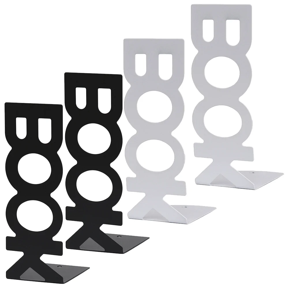 4 Pcs Bookends Set Metal Book Holder Black White Letter File ganizer for Heavy Books Sturdy Study Room Library Shelving