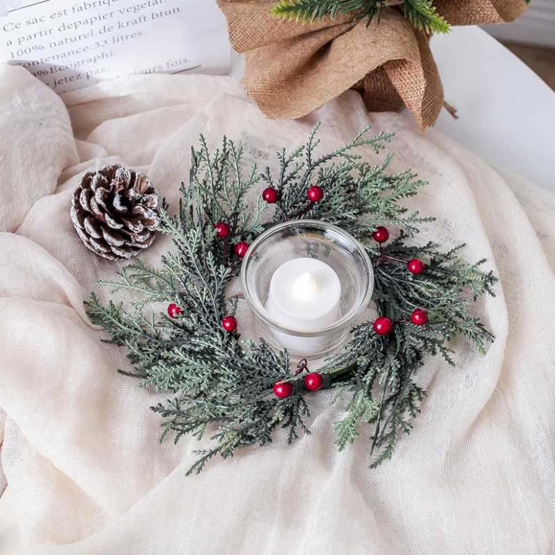 Christmas Candlestick Wreath Decoration Garland Silk Flower Pine Needle Candle Ring Ornaments Christmas Wedding Party Home Decor