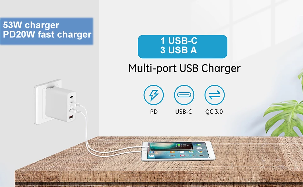 Stacja ładująca USB na biurko, 4-portowa stacja szybkiego ładowania telefonu komórkowego o mocy 53 W, wieloportowa ładowarka USB do smartfonów, stołu