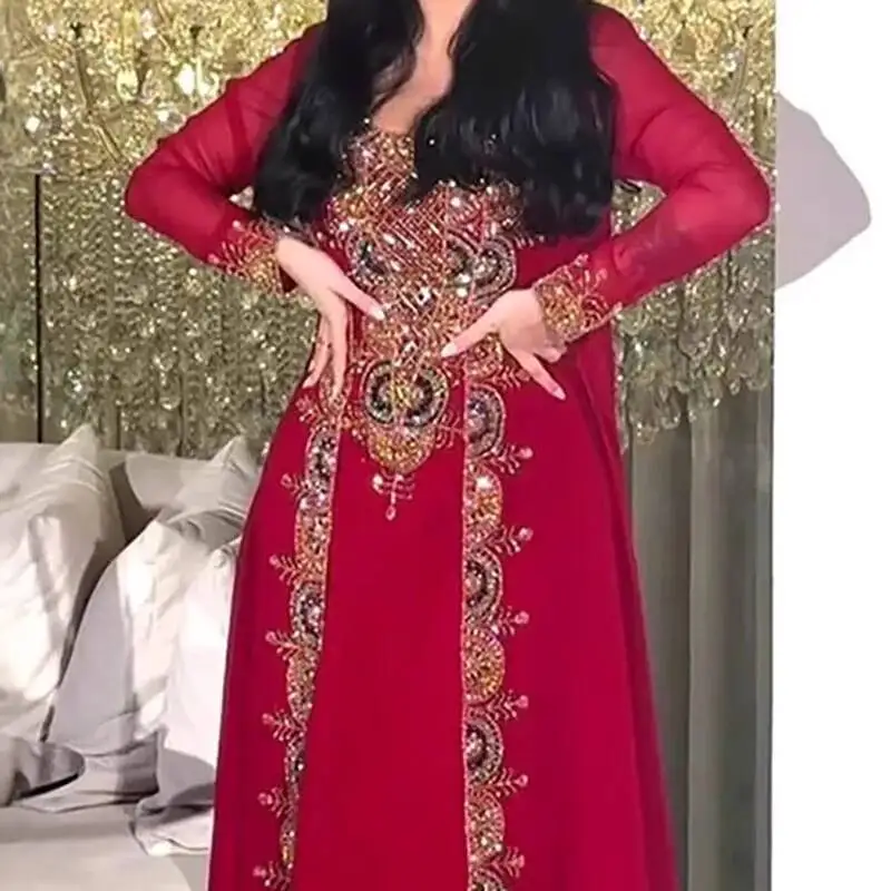 Robe de bal rouge style bohémien pour femmes, col en U, droite, élégante et magnifique, robes de soirée perlées avec Cardigan Long