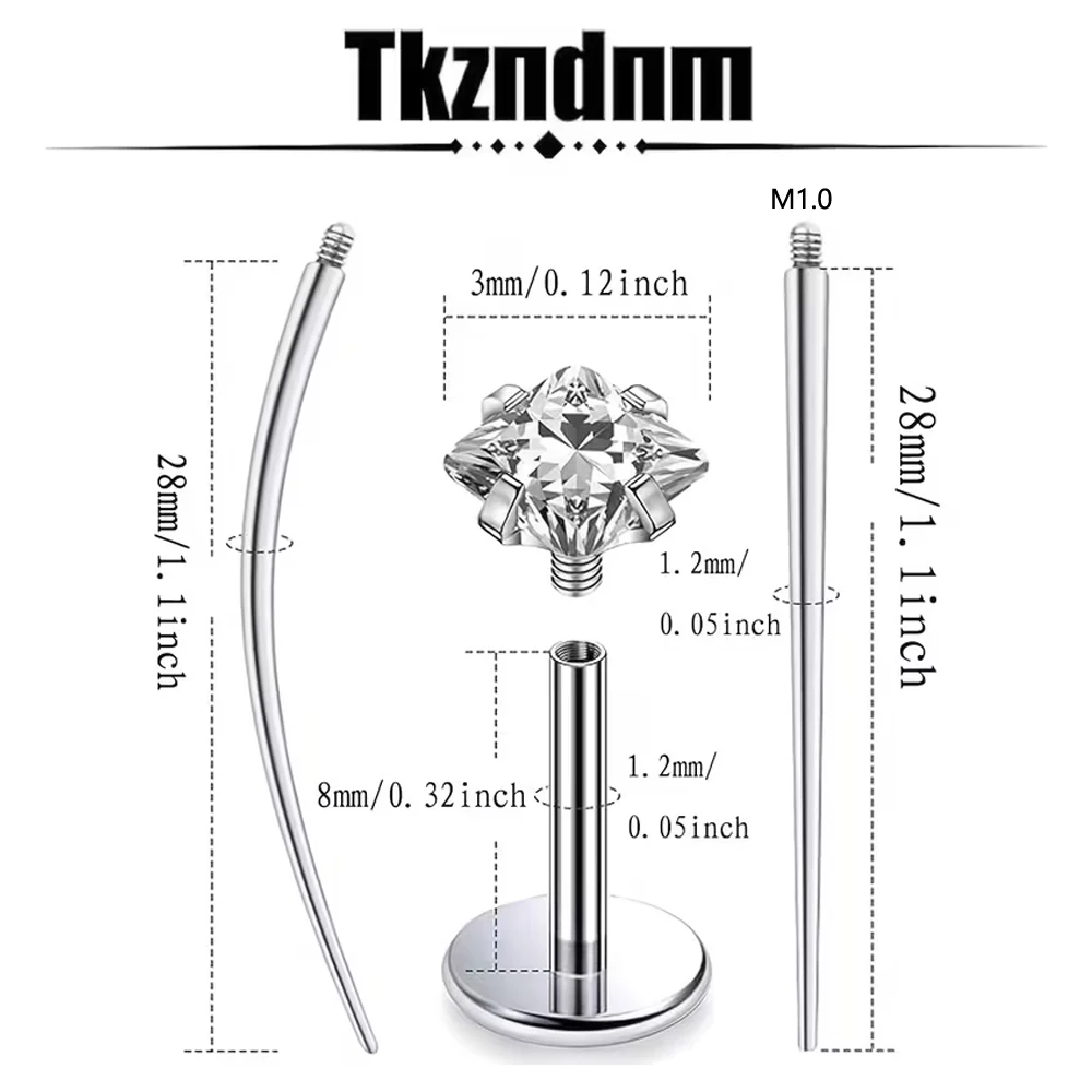 5pcs Set Stainless Steel 16G Internally Threaded Flat Square Round Heart-Shaped Earrings Lip Studs Piercings Including Needles