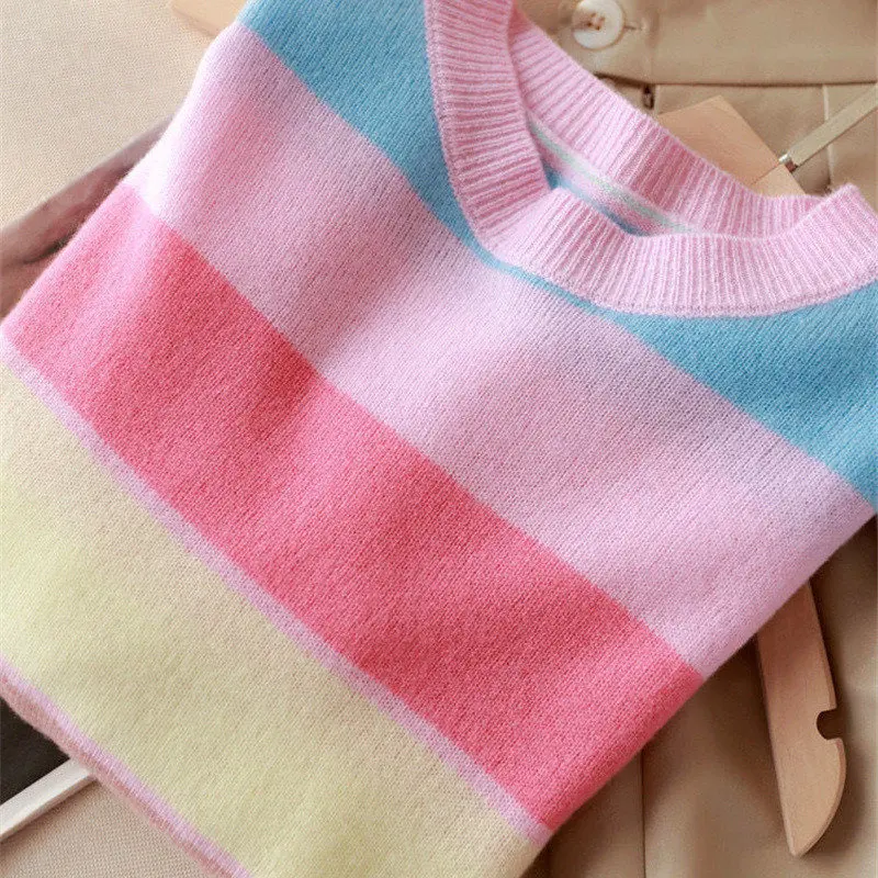 Rainbow Striped Round Neck Slim Sweet Korean Knitwear Women Spring Autumn Casual Long Sleeve Pullover Tops Chic Knitted Sweaters