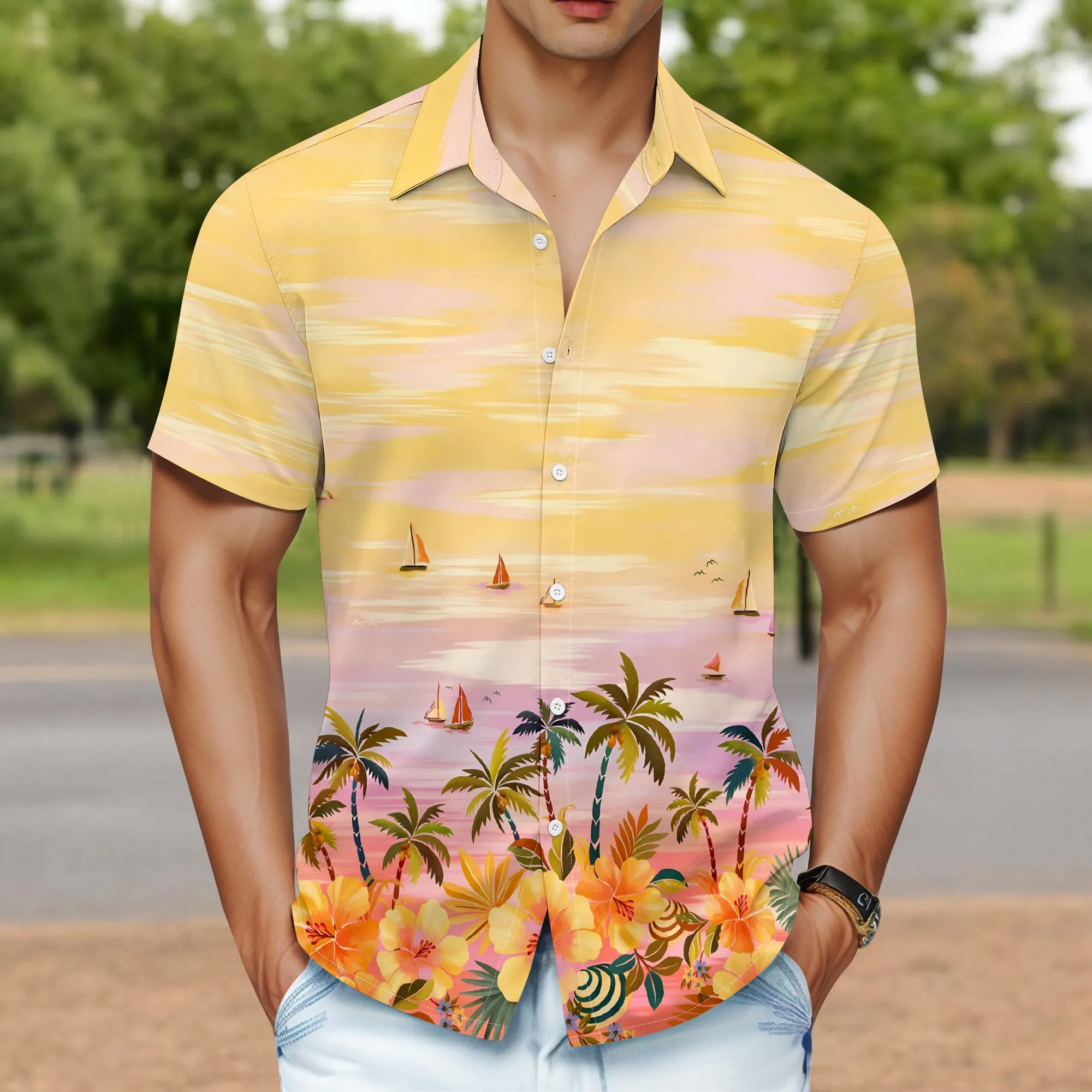 YEAE Sunset Beach Floral Print Shirt for Men Summer Casual Short Sleeve Top