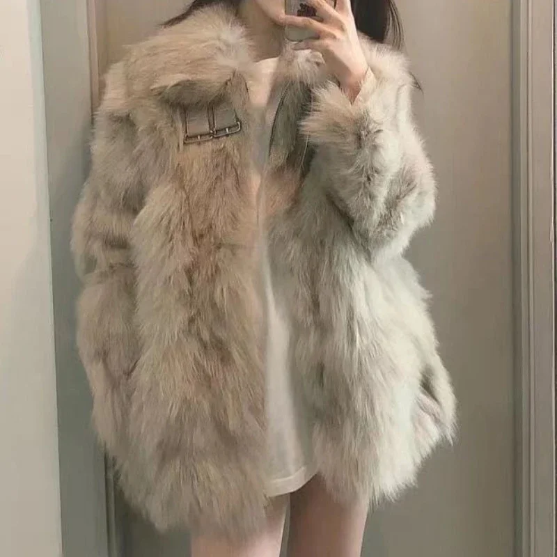 

Women Apricot Thick Faux Fur Jacket Colorblock Autumn Winter Maxi Coat Short Warm Luxury Belt Fur Parkas Bontjas Furry Outerwear