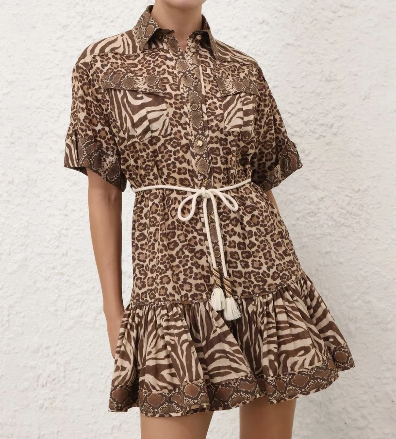 Z Home luxe haut de gamme 2026 vacances nouveau coton imprimé léopard ort Sve Dr col ceinturé taille a-ligne jupe femmes...