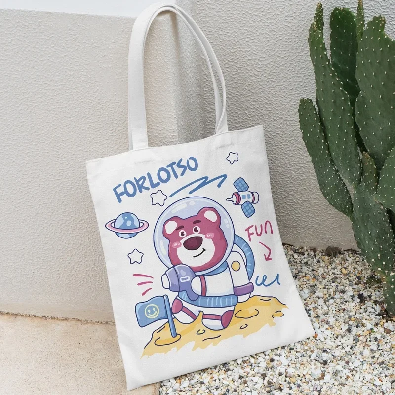 Cartoon Canvas Reusable Tote Bag Kawaii Lotso Disney Portable Storage HandBags Shoulder Bag for Women and Girl Shopping