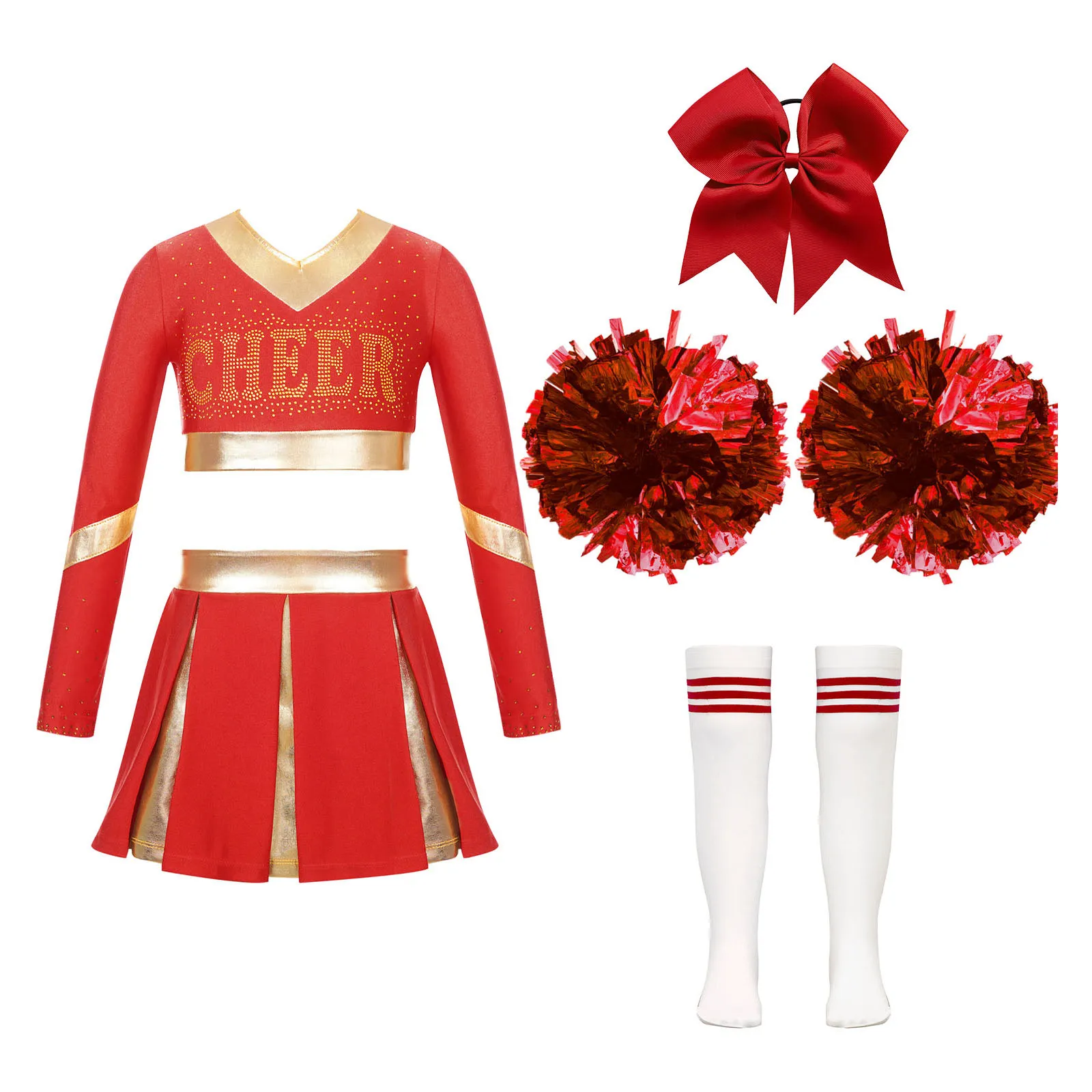 

Kids Girls Cheerleader Dance Costume Cheerleading Uniform Schoolgirl Carnival Party Dancewear Long Sleeve Crop Top with Skirt