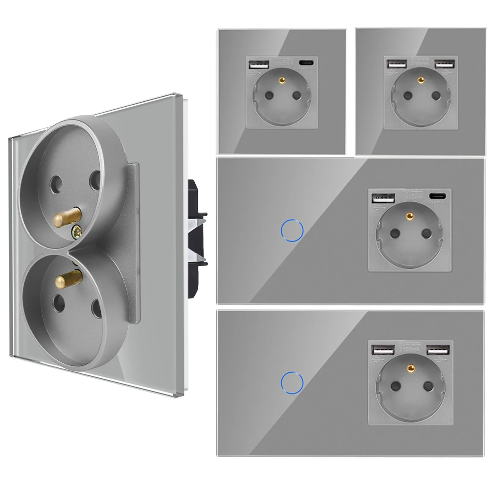 France Standard USB Socket Touch Switch Grey Glass Panel Power USB Type-c Charging Interface AC 110~220V Outlet Home Appliance