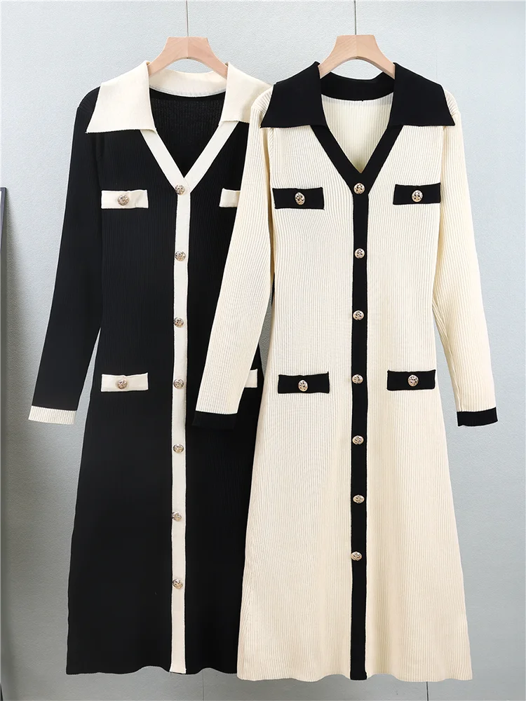 

Женское элегантное однобортное платье с воротником с лацканами и высокой талией, высококачественное утягивающее модное трикотажное платье с длинными рукавами