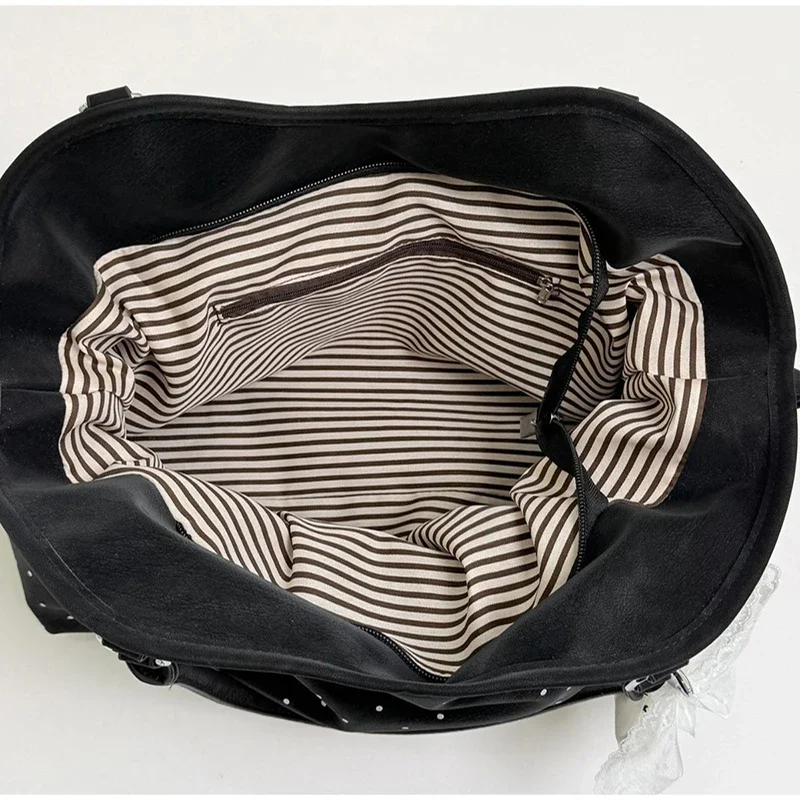Koreanische große Canvas-Tragetasche mit Polka-Dot-Sternmuster, süße, edgy Schultertasche im Ballett-Schleifen-Stil, vielseitige Damen-Handtasche für den Arbeitsweg – Detail 5
