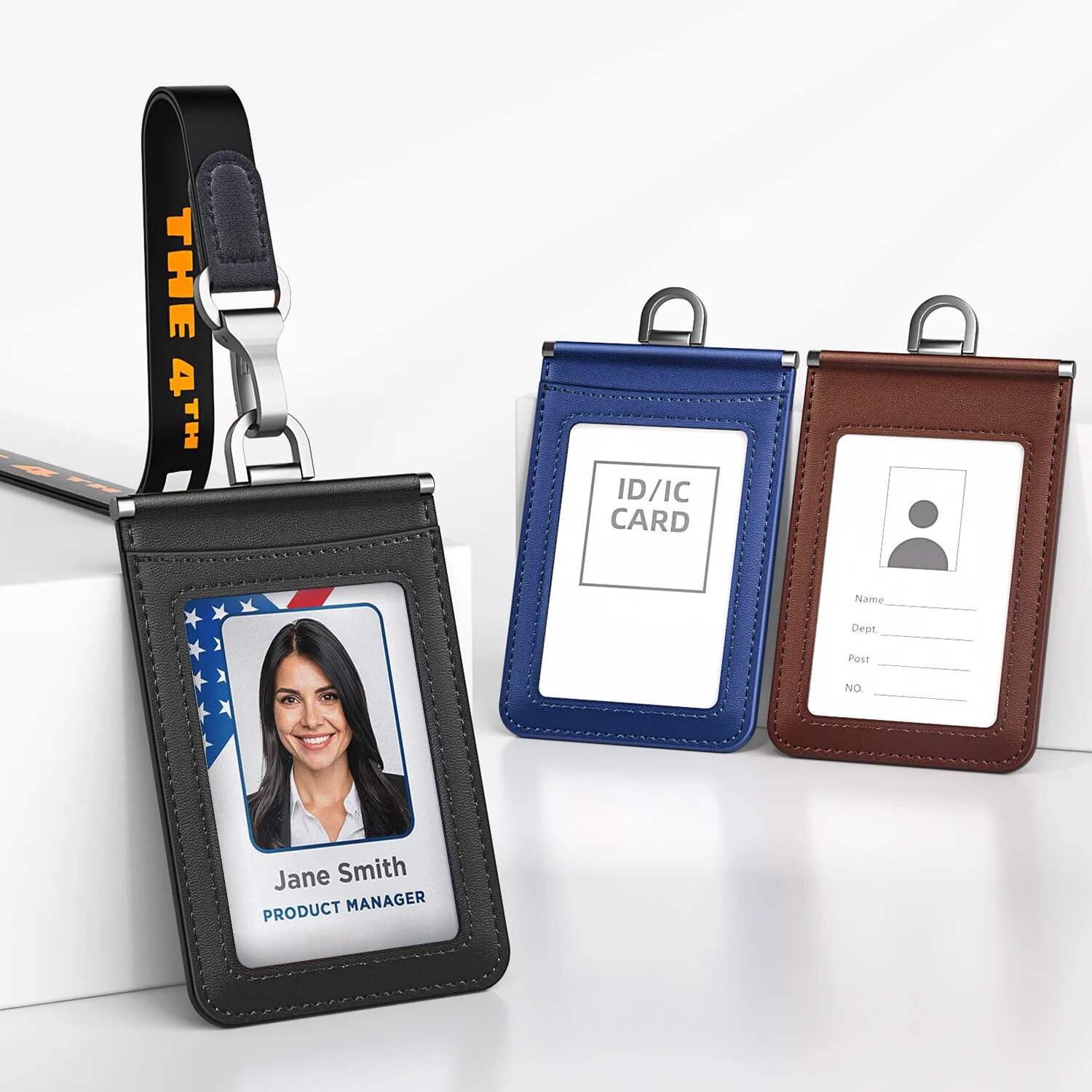 Simple Durable Cowhide Leather Work Card ID Holder with Lanyard Badge Access Control Card Company Staff Protection Cards Cases