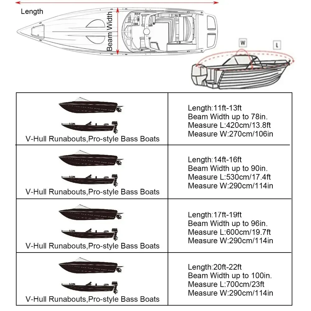 Black Boat Cover Anti-UV Waterproof Outdoor Protection Heavy Duty Marine Fishing Speedboat 190T Yacht 11-22FT