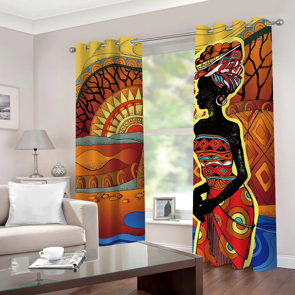 HUANZHUANG Curtains Salon 2 Pieces African Woman Home Decoration Cheap Modern Curtains For Windows Bedroom Living Room Home