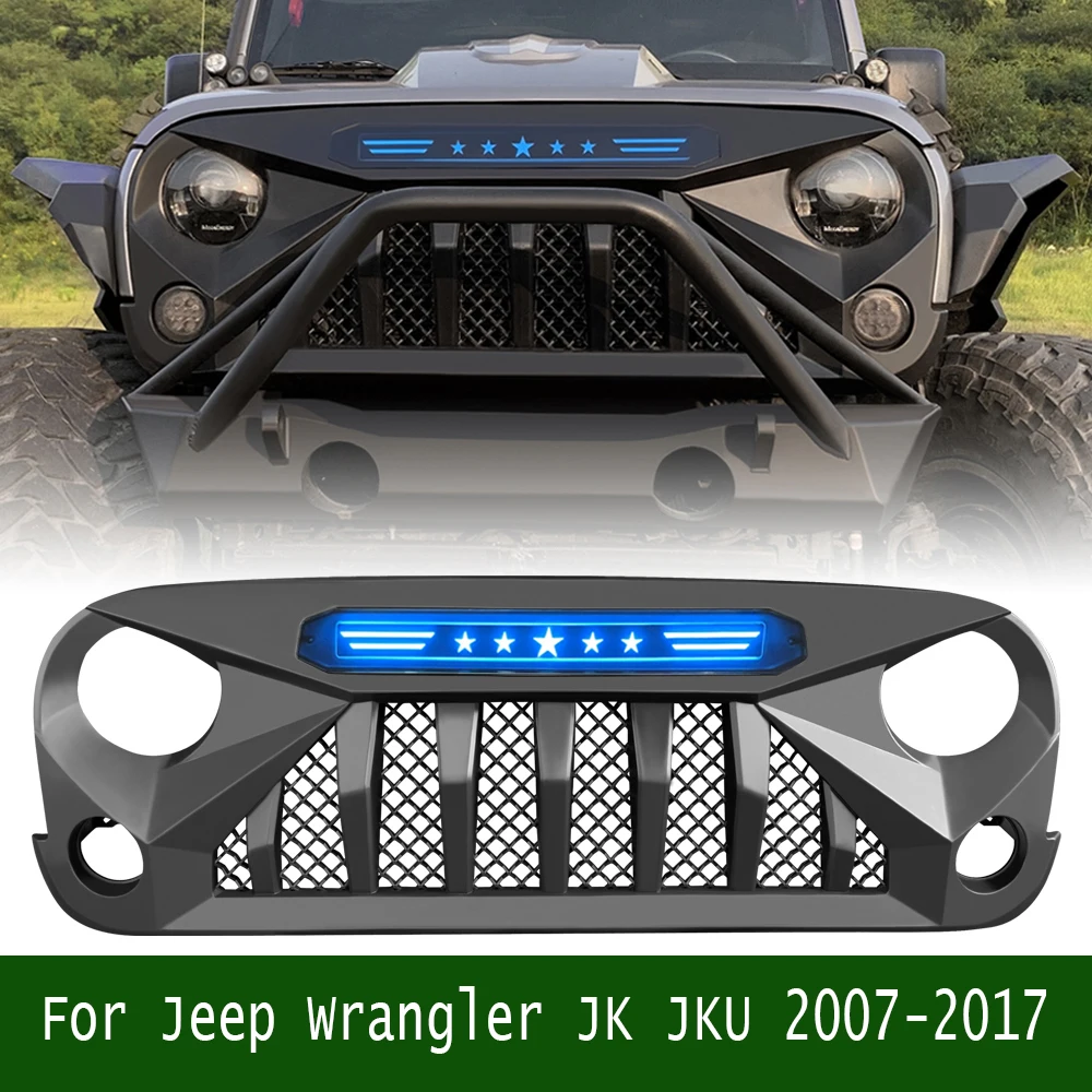 For Jeep Wrangler JK JKU 2007-2017 Mesh Mask Cover W/LED Auto Grill Grills Exterior Accesories Front Racing Grille Grills Fit