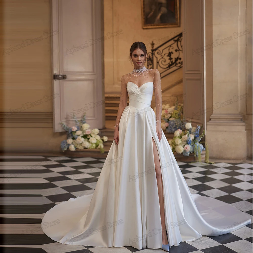 Glamorous Wedding Dresses A Line Satin Bridal Gowns Pearl Decoration Robes For Formal Party Vestidos De Novia Customized 2026