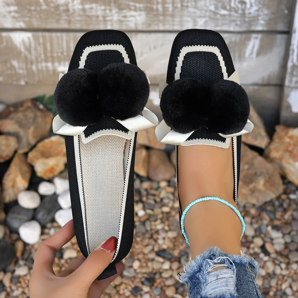 Women Flats Shoes 2024 New Knitted Slip Breathable Sneakers Comfortable Casual Pointed Toe Walking Loafers Women Shoes for Women