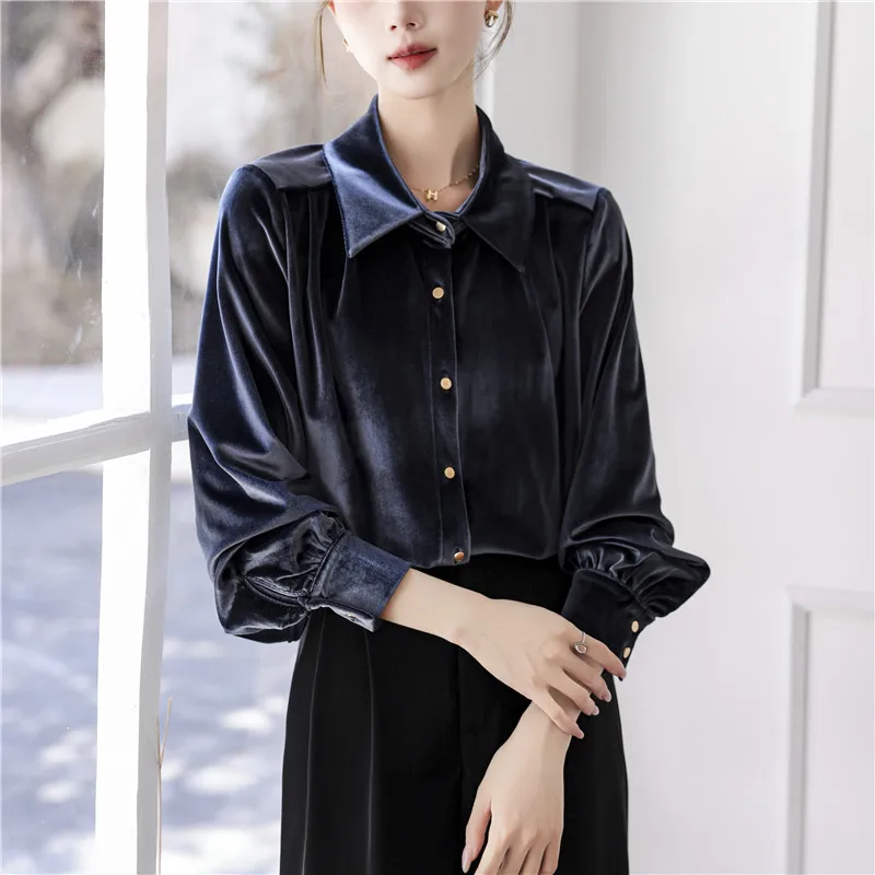 Camicia in velluto blu navy da donna 2025 Camicetta francese elegante a maniche lunghe per stratificazione Camicia da ufficio basic autunno inverno