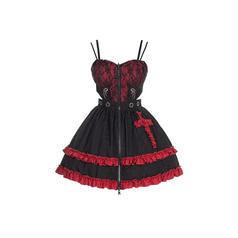 Judgment Day JSK-Robe Lolita brodée en dentelle pour filles, noir, rouge, style foncé, fermeture à glissière avant, coussin de poitrine, chaud