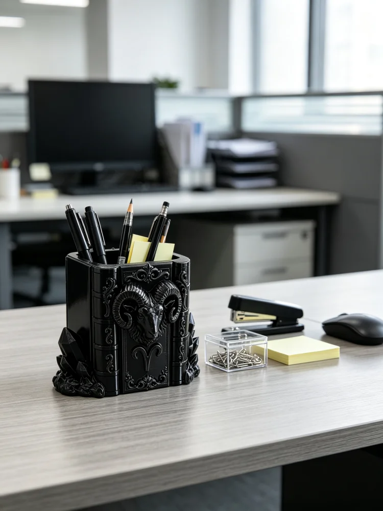Vintage Book-Shaped Goat Head Pencil Holder, Dark Gothic Style Ram Skull Desktop Ornament, Aries Zodiac Sign Pen Holder, Made of Durable Matte Black Petg Material, Featuring Mysterious Crystal Design and Vintage Engraving Patterns, Large Capacity Desktop Storage Container, Stable Base, Multi-Functional for Storing Pens, Pencils, Markers, and Stamps, Suitable for Office Desks, Study Rooms, and Student Desks, Dark Aesthetic Room Decoration, Unique and Cool Desktop Ornament