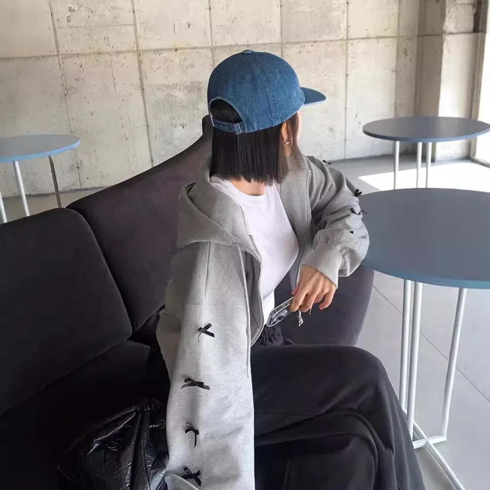 

Новая корейская свободная махровая толстовка с бантом ручной работы, короткая куртка на молнии, однотонная повседневная куртка в японском стиле