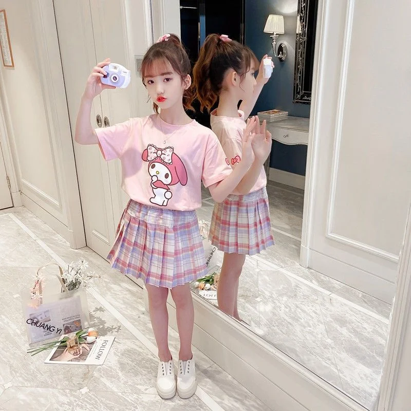 Sanrios dos desenhos animados kawaii menina branco camiseta terno cinnamoroll bonito verão manga curta colégio jk uniforme saia crianças na moda