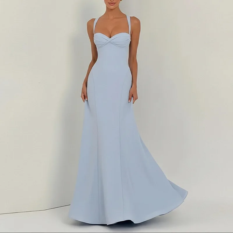 Women's Sleeveless Dress Summer Elegant Solid Color Backless Bodycon Long Evening Dress Dresses