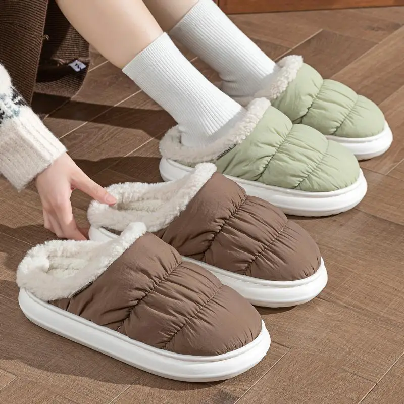 Lightweight Thick Bottom Warm Down Indoor Slippers Women Winter 2026 Comfort Lambswool Home Slippers Couple Furry Bedroom Slides