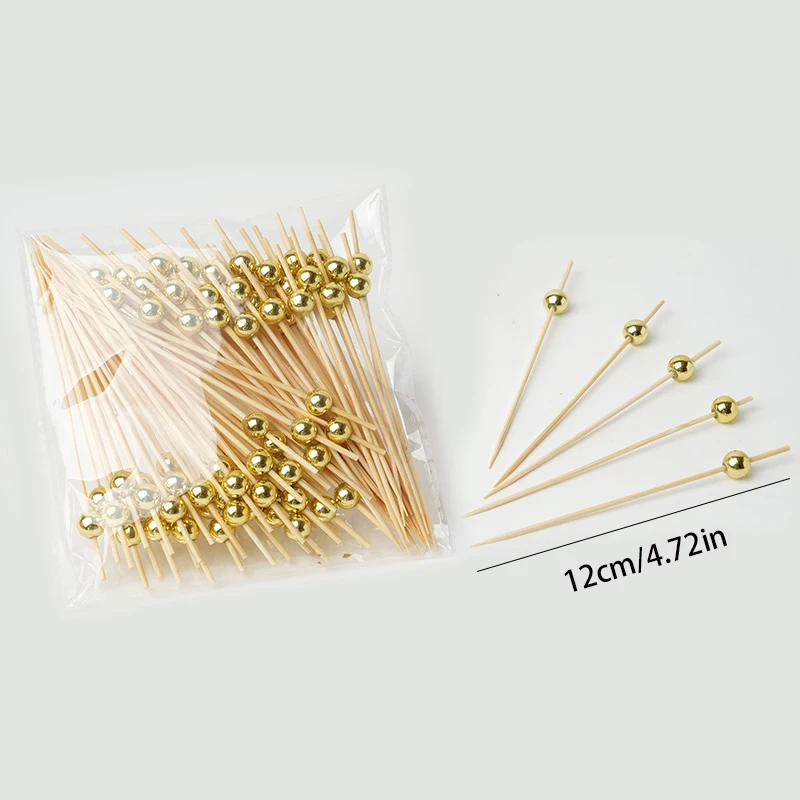 100 peças palitos de bambu dourados, coquetel, aperitivo, palitos de arte de frutas para bebidas, palitos de comida de madeira, materiais de decoração