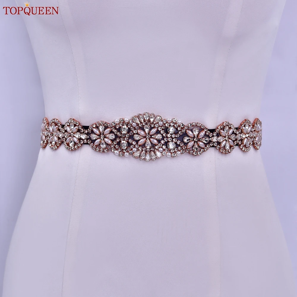 TOPQUEEN S161-RG Bridal Wedding Belts Bride for Women Shiny Rose Gold Rhinestone Formal Prom Party Dress Decoration Ribbon Sash