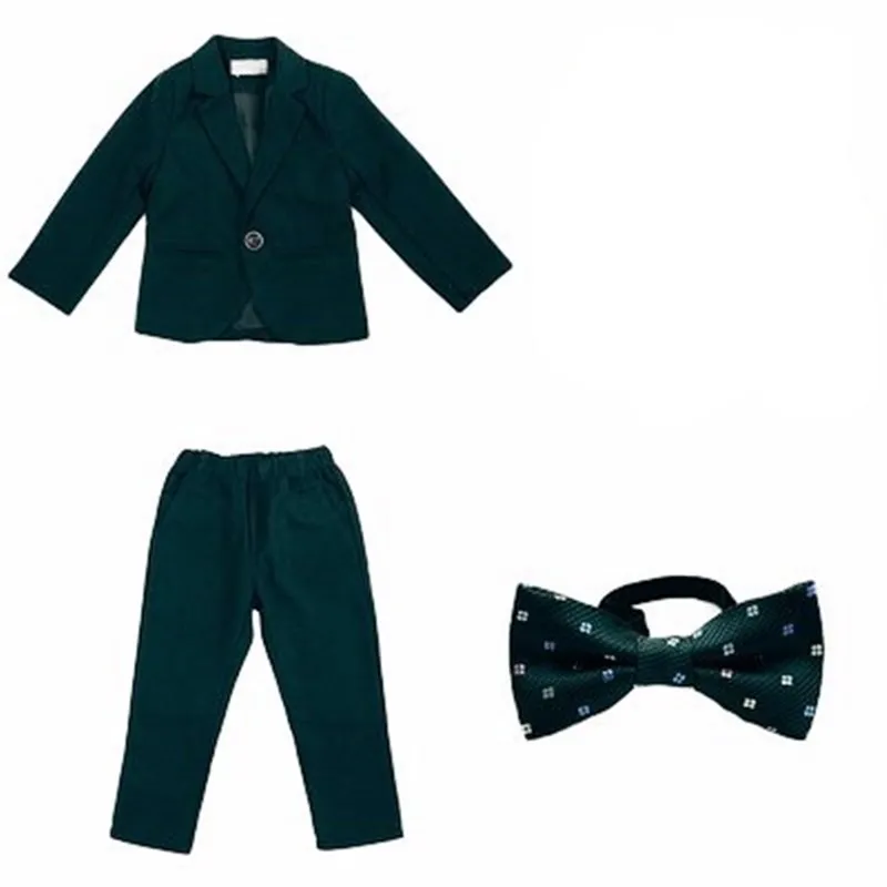 Boys Dark Green Formal Wedding Party Suit Children Blazer Vest Pants Tie 4 PCS Tuxedo Kids Performance Photography Dress Costume