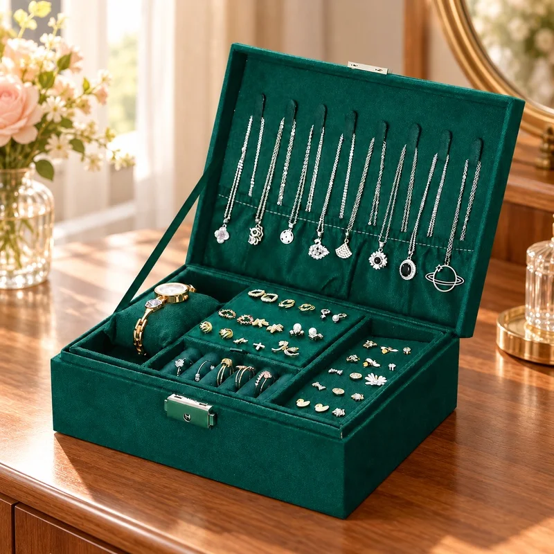 Retro Velvet Jewelry Case with Dual Locks, Spacious Storage for Watches, Necklaces & Earrings