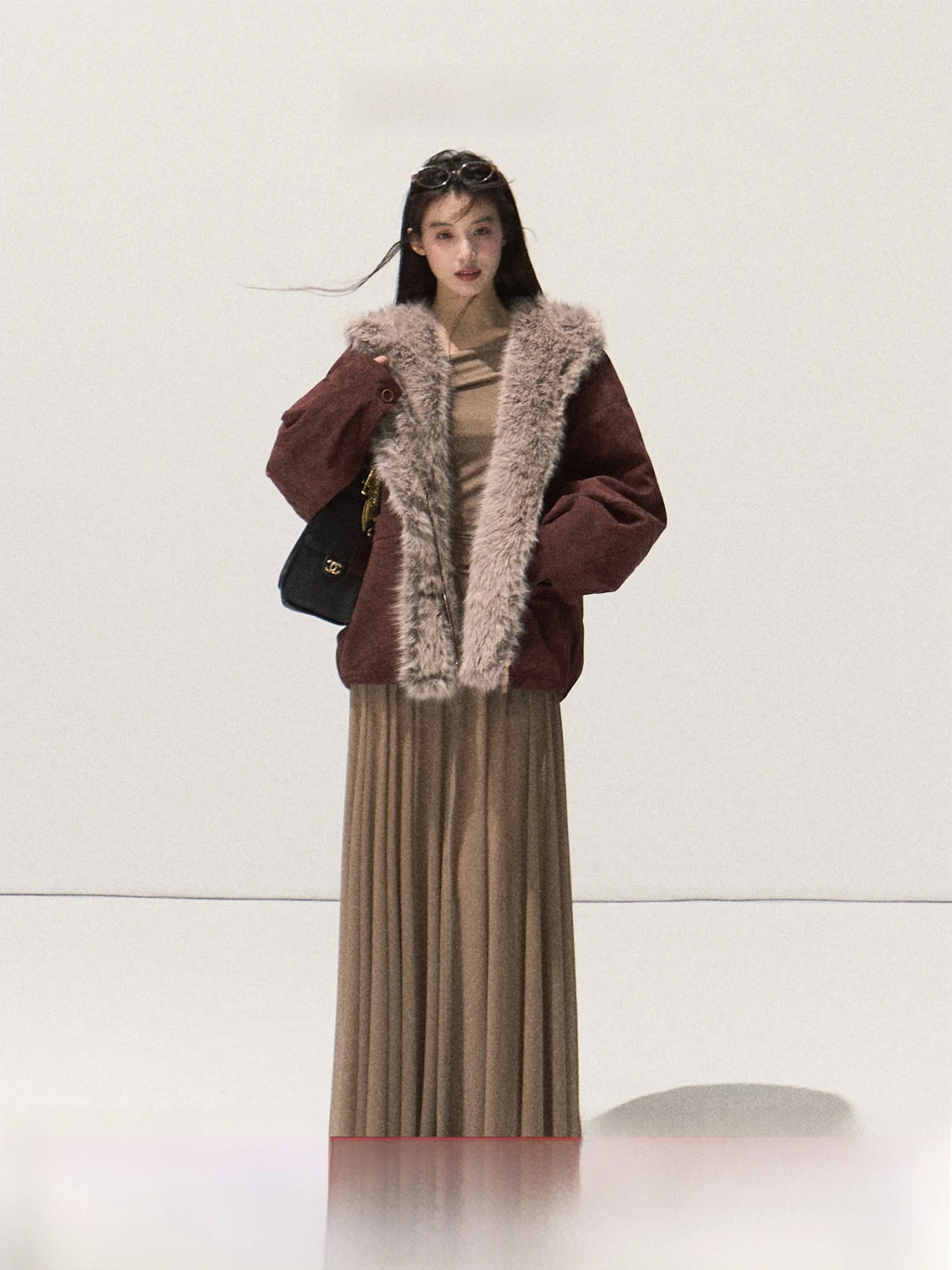 

OAKMOO Coral Sea Suede Fur Collar Eco-Friendly Thiened Warm Hooded Cotton Jaet Long Sve Zipper Closure Women's Coat
