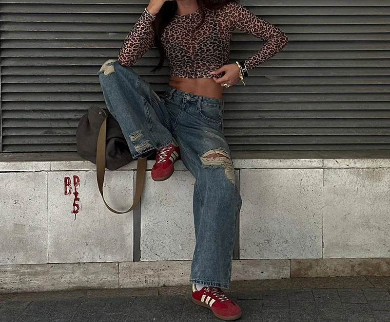 Y2K Leopardenmuster Mesh Crop Top für Damen, Rundhals, Langarm, Durchsichtige Schlanke Bluse, Sexy Casual Street Shirt für Club und Alltag – Detail 5