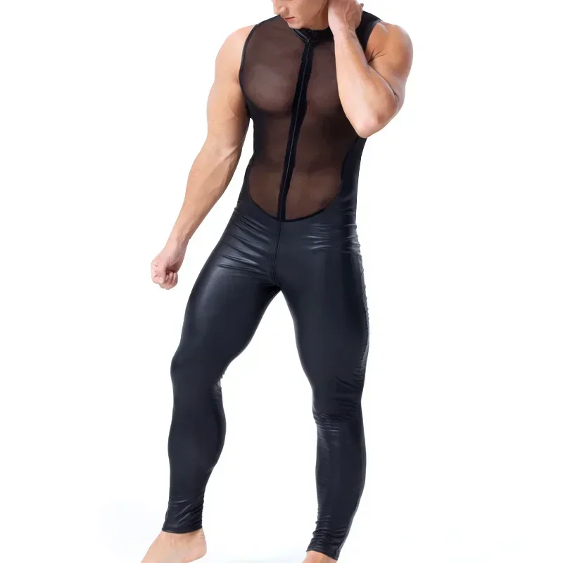 

Men Patent Leather Mesh Splicing Jumpsuit Latex Lingerie Bodysuit Zipper Open Crotch Catsuit Stretch Bodystocking Erotic Costume