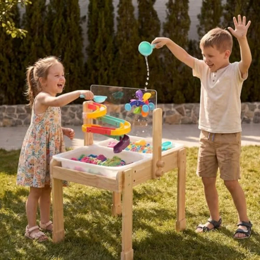 Sand and Water Table for Toddlers: Wooden Sensory Activity Table with 2 Storage Bins, Acrylic Painting Board, Slide Track Windm