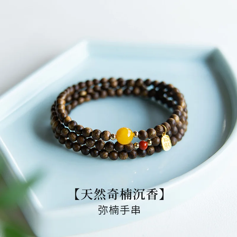 Agarwood Bracelet Sandalwood Triple Wrap Calming Bracelet with Amber Beads for Inner Peace Gifts