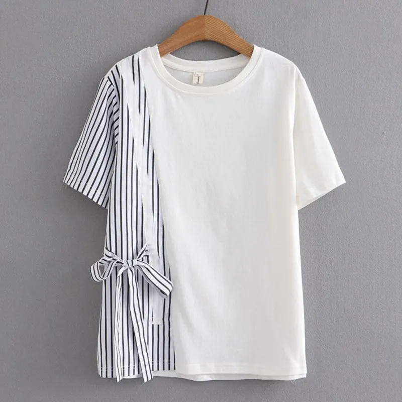 4XL Plus Size Basic T-Shirt Women 2023 Spring Summer Design Side Stripe Lace-Up Tees Short Sleeve Tops Oversize Curve Clothes