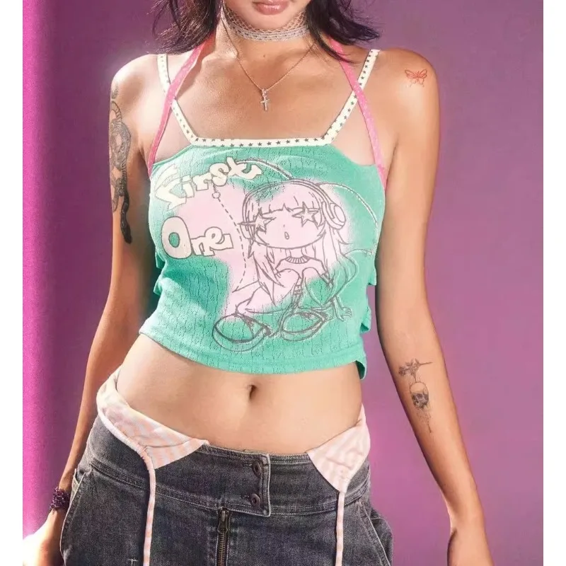 

Summer Y2k Subculture Harajuku Lace Up Halter Short Vest Sexy Top Women Vintage Cool Casual Camis Popular Harajuku Chic Tank
