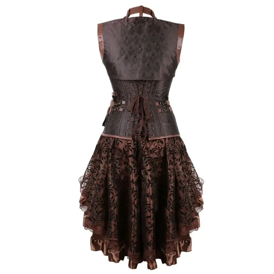 Steampunk Gothic Vintage Faux Leather Corset Top Burlesque Bustier Lingerie Asymmencal Floral Lace Skirt Women Sexy Corset Dress