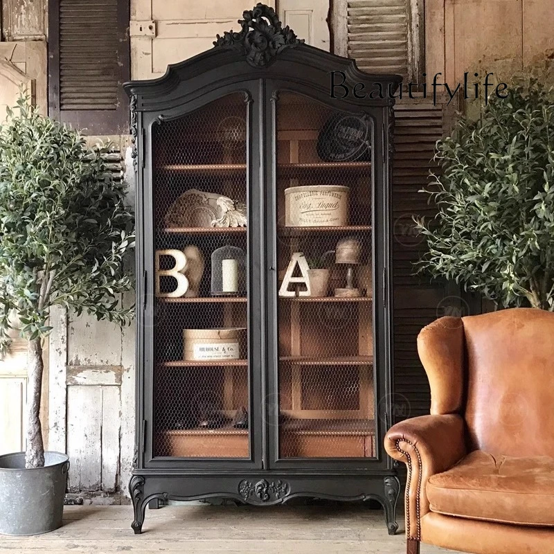 

"Fishing net grid solid wood bookcase" retro bookcase neoclassical carved storage double door display cabinet can be customized