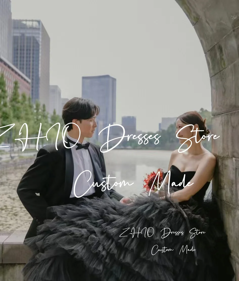 ZHIO Principessa Abito da sposa in tulle nero con scollo a cuore drappeggiato Sweep Train Abito da ballo Corea Servizio fotografico Abito da ricevimento nuziale personalizzato